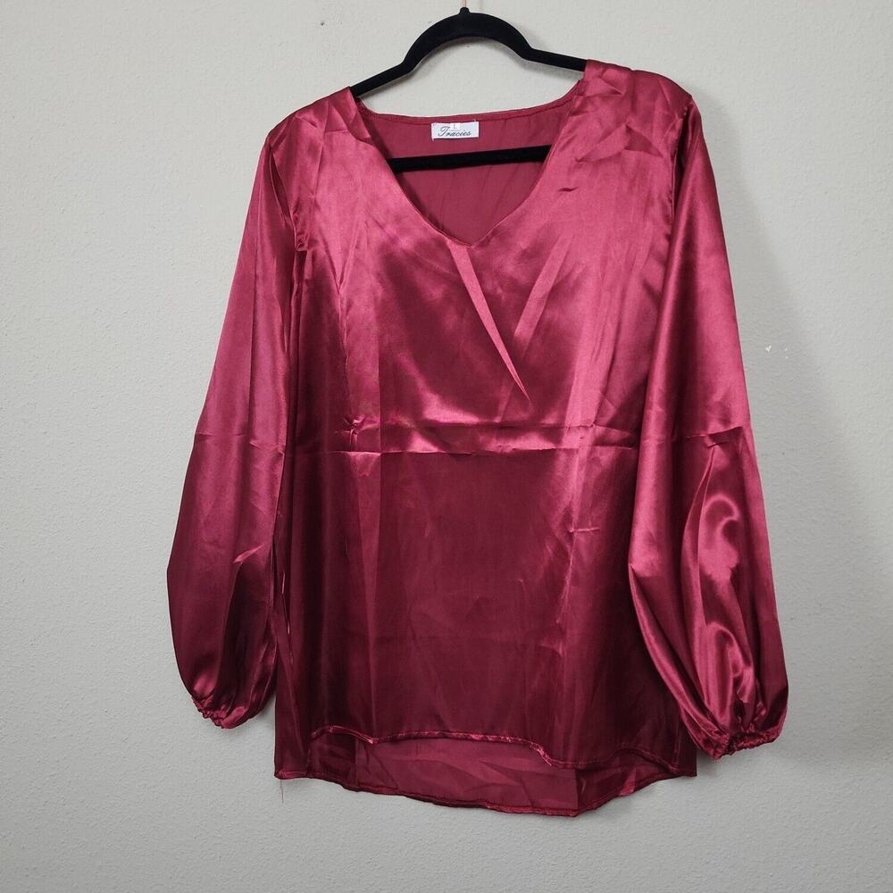 Tracies Womens Maroon‎ Long Sleeve V Neck Pullover Blouse Top Size Large